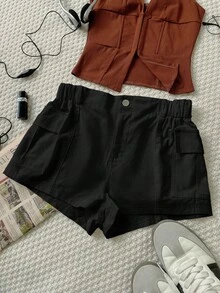 Y3K Street Elastic Waist Flap Pocket Side Cargo Shorts Solid Color Simple Casual Shorts For Daily Wear Y2K Music Festival - 黑色 - 查看 6