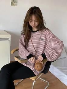 女士字母条纹印花落肩长袖休闲T恤 - 粉色 - 查看 9