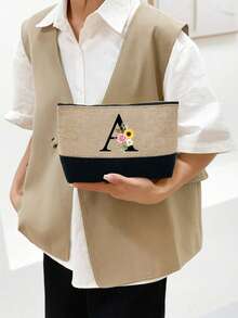 Personalized Floral Letter Linen Canvas Tote Bag Set, A-Z Letter Large Capacity Tote Bag With Matching Small Pouch, Suitable For Carrying Daily Essentials, Groceries, Travel Items, For Women, Fashion Lovers, Personalization Enthusiasts, Great For Daily Use, Shopping, Beach Travel, Adding Fashionable Personalized Accent To Outfits, Christmas/New Year Gift - Multicolor - View 4