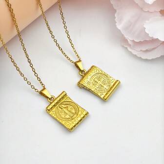 1pc Golden Religious Book San Benito Stainless Steel Pendant Necklace
