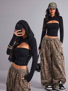 Ella Vee 女士春季上衣，黑色两件套针织抹胸上衣+连帽披肩长袖，不规则星形亮片装饰，Y2K 酷炫风格，适合街头、校园、度假、音乐会、约会、派对等场合。 - 黑色 - 查看 1