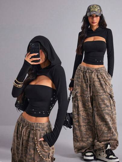 Ella Vee Women's Spring Top, Black 2-Piece Set Knit Bandeau Top + Hooded Cape Long Sleeve, Irregular Star Sequin Decor, Y2K Baddie Style Fashion, Suitable For Street, Campus, Vacation, Concert, Date, Party Occasions