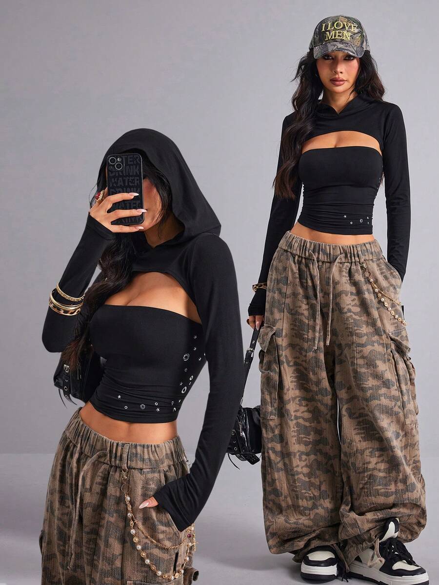 Ella Vee 女士春季上衣，黑色两件套针织抹胸上衣+连帽披肩长袖，不规则星形亮片装饰，Y2K 酷炫风格，适合街头、校园、度假、音乐会、约会、派对等场合。 - 黑色 - 查看 1