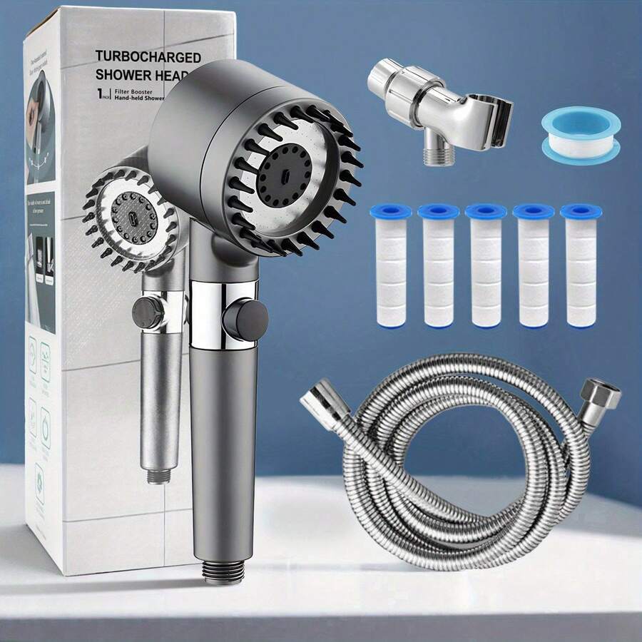 Filtered Shower Head With Handheld, High Pressure Shower Head 4 Spray Modes, Shower Head With ON/OFF Switch For Pets, Shower Heads Combo With Stainless Steel Hose And 5 Filter Element
