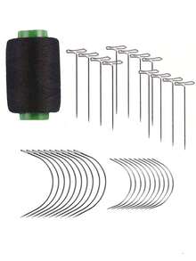 Wig Making Kit - T-Shaped Needles, C-Shaped Curved Needles, Sewing Needles With Thread, Scissors, Hair Extensions, Styling Craft Supplies - Black - View 1
