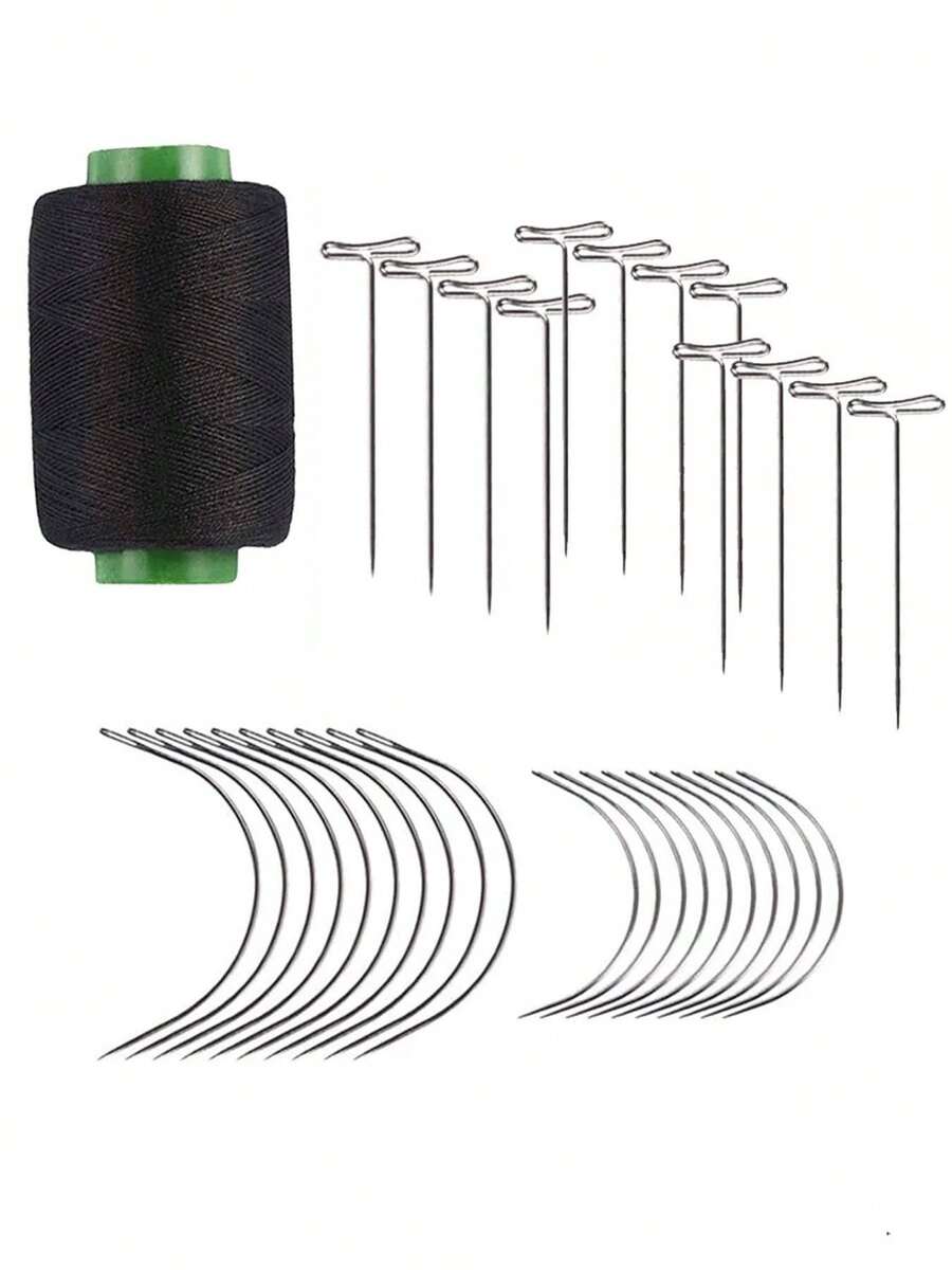 Wig Making Kit - T-Shaped Needles, C-Shaped Curved Needles, Sewing Needles With Thread, Scissors, Hair Extensions, Styling Craft Supplies - Black - View 1