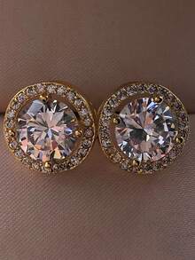 1 Cặp bông tai đinh tán tròn cổ điển bằng bạc Sterling S925 thời trang khảm đá Zirconia tổng hợp, trang sức thanh lịch và tối giản dành cho nữ - Vàng - Xem 3