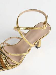 Sandalias de tacón alto de verano para mujer, color dorado, elegantes, sexys, sandalias de tacón alto de moda, de punta abierta, zapatos de tacón alto de oro puro, sandalias de punta cuadrada, tacón fino, correa cruzada, sandalias de tacón alto de mujer con correa fina - Dorado - Ver 8
