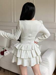 abyoxi 女士米色粗花呢方领蝴蝶结纽扣层叠荷叶边短连衣裙，甜美复古，优雅可爱，浪漫约会，休闲下午茶，秋冬迷你连衣裙 - 米色 - 查看 2