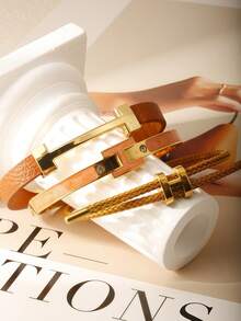 3pcs Fashionable Chic Golden Letter Leather Bracelets, Gifts For Girlfriend - 3pcs-coffee - View 2