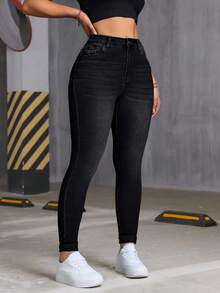 Jeans ajustados de cintura alta con puños y bolsillos desgastados, adecuados para usar en Navidad y otoño - Negro profundo - Ver 4