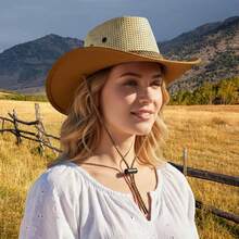 Sombrero de ala ancha estilo occidental con correa ajustable para la barbilla, elegante gorra de vaquera decorada con cinturón de rafia tejida para hombres y mujeres. - Caqui - Ver 5