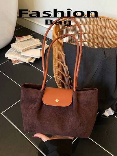 Borsa a spalla in finta pelle scamosciata stile retrò, con blocchi di colore, borsa da donna alla moda, regalo autunnale/invernale per lei