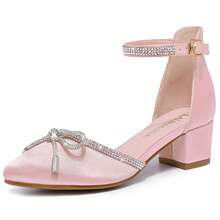 1 Pair Girls Sandals Closed Toe High Heels Pointed Toe Ankle Strap Pumps Flower Girl Dressy Shoes In Wedding Party Cute Bowknot Chunky Block Heeled For Little Big Kids - 緞子粉 - 查看 1