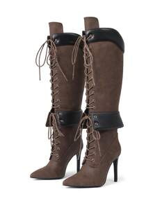 Y2K Style Luxury Fashion Women's Over Knee Boots Pointed Toe Lace Wide Calf Zip Stiletto Heel Shoes Motorcycle Dressy Party Boots - 巧克力棕 - 查看 5