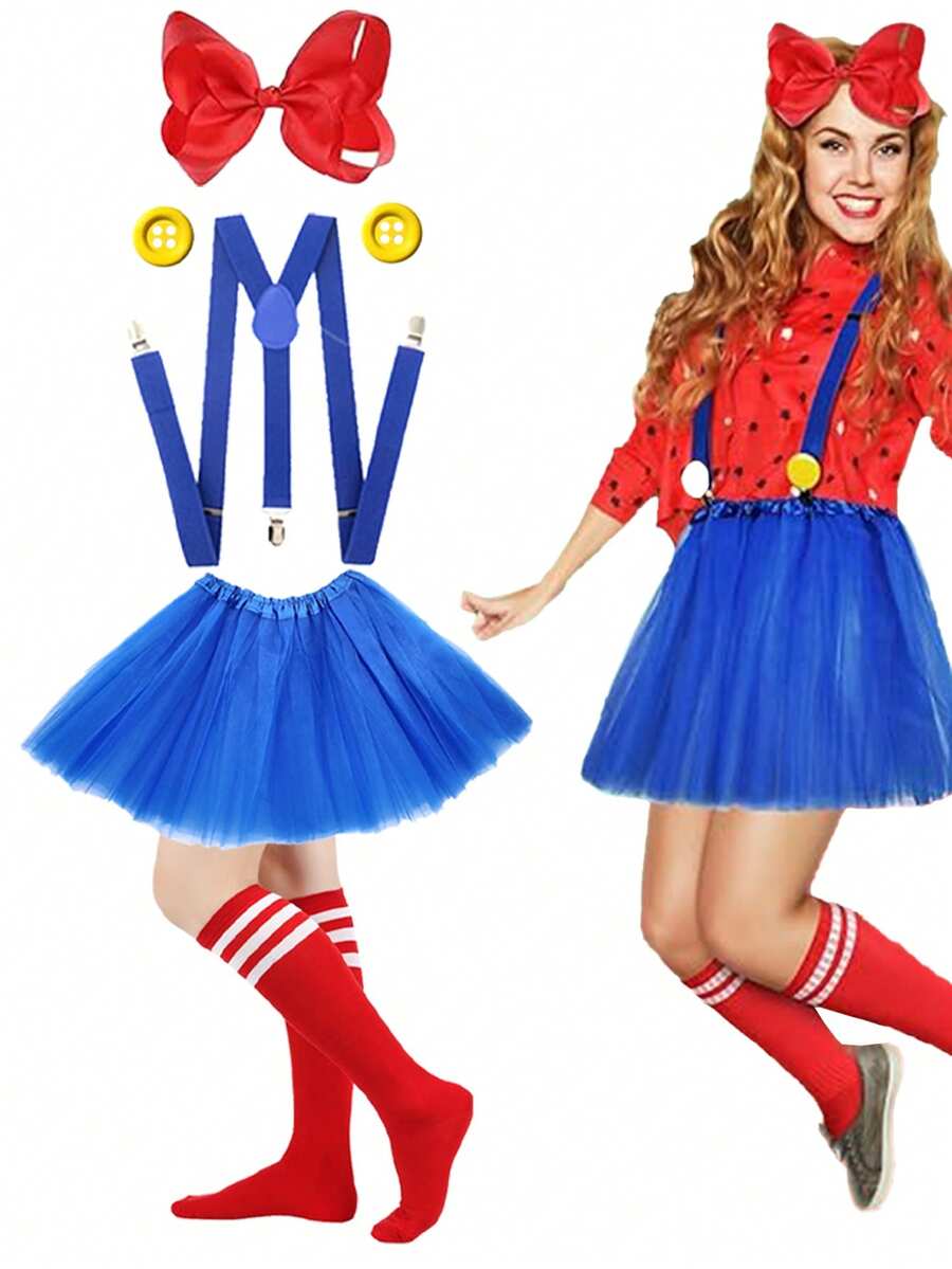 D EXCEED 6Pcs Halloween Cosplay Costume Women Tutu Skirt Suspenders Stockings Bow Hair Clips For Adults