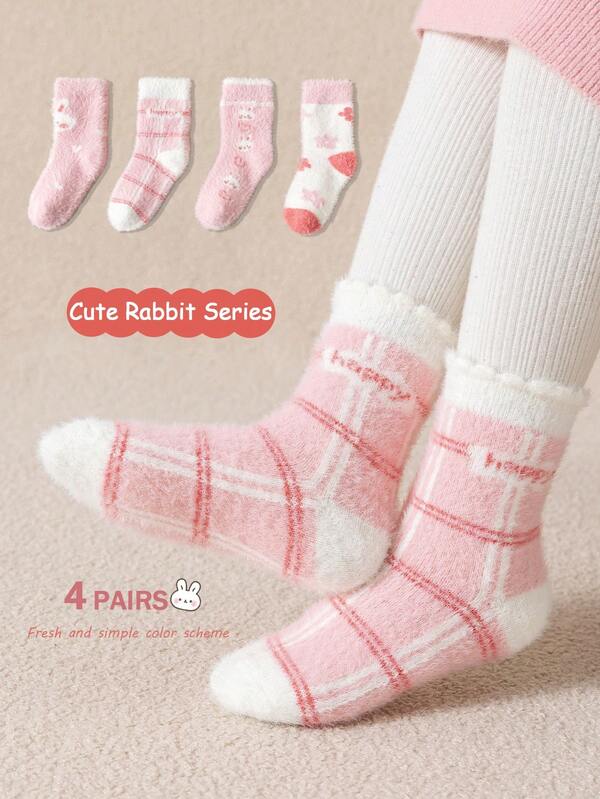 4 Pairs Cute Cartoon Rabbit Print Warm Socks For Girls (1-12 Years Old) - Suitable For Girls Princess In Autumn And Winter, Thick, Warm, Comfortable And Soft, Simple And Versatile, Suitable For Daily And Outdoor Wear