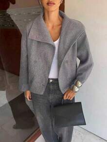 Manteau décontracté pour femmes à double boutonnage, épaules tombantes, manches longues, en mélange de laine. Coupe ample à taille haute et manches larges. Vêtement d'extérieur pour l'automne/hiver - Gris foncé - Voir 5