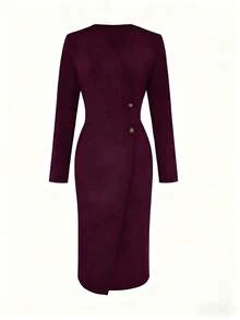 女士优雅V领修身连衣裙，收腰设计凸显身材，舒适时尚，适合工作通勤/约会/休闲聚会/派对等场合，是优雅高贵女性的完美之选。