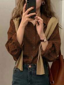 Plus Size Women's Casual/Work Plaid Shirt, Classic Shirt Collar, Front Button Closure, Regular Length Casual Top Spring - Orange - View 1