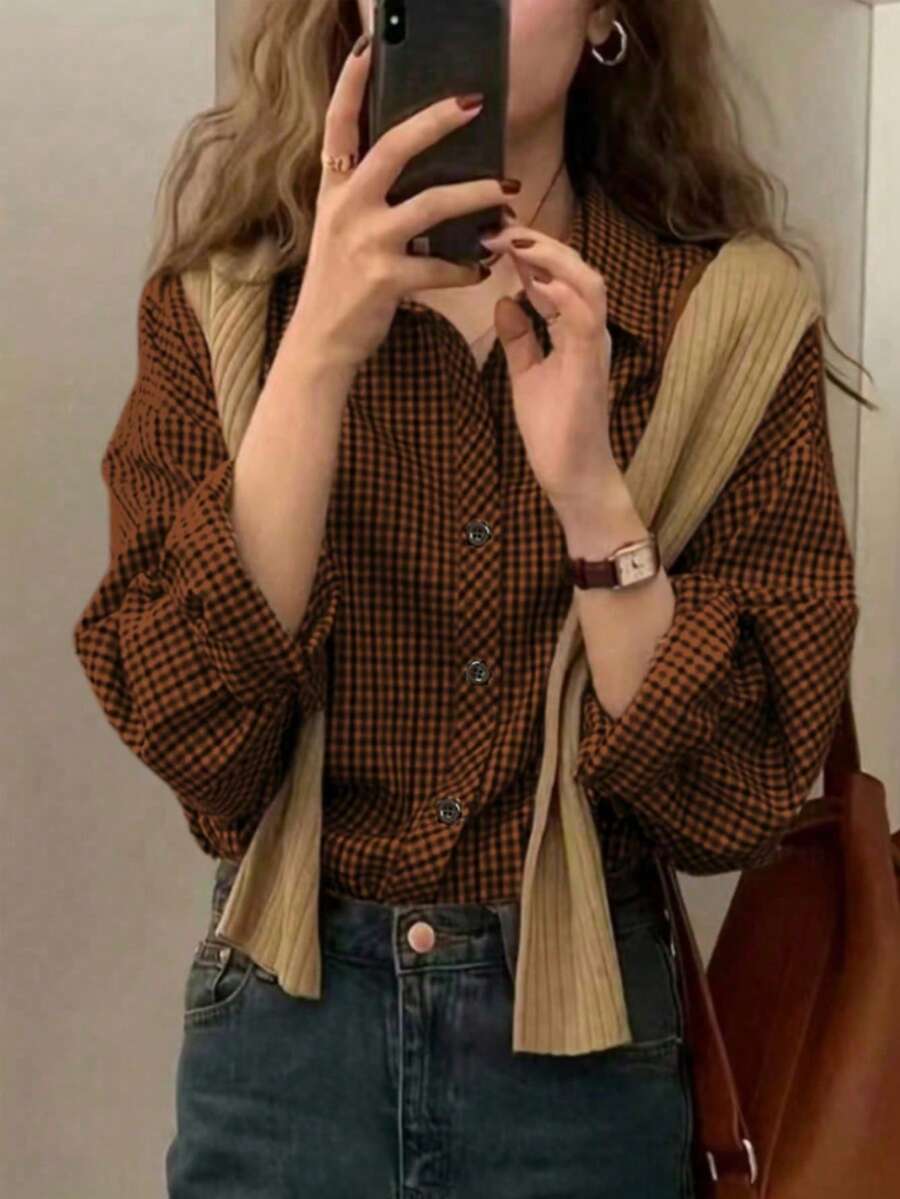 Plus Size Women's Casual/Work Plaid Shirt, Classic Shirt Collar, Front Button Closure, Regular Length Casual Top Spring - Orange - View 1
