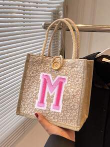 1个刺绣字母图案手提袋，粉色毛巾刺绣花卉印花亚麻手提袋，小巧花卉亚麻纽扣装饰手提袋，简约大容量手提袋，便携休闲收纳手提袋，多功能购物袋，新款设计，大容量 - 彩色 - 查看 4