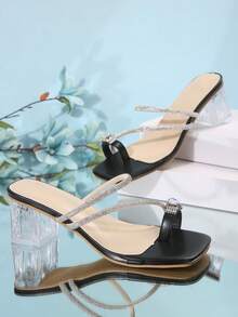 Sandalias con tacón grueso y punta cuadrada para mujeres, moda de tacones altos con múltiples correas y cristales franceses, adecuadas para verano y otoño - Negro - Ver 2