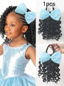 8 Inch Curly Ponytail With Bow Kids En Gros Kids Synthetic Ponytail Extensions With Elastic Kids Ponytail Hair Extension 1pc - Natural Black - View 13