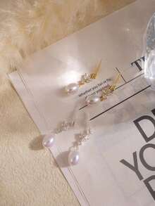 Women's Pearl Earrings Elegant Women's Gold Earrings 14K Gold/Silver Plated Cubic Zirconia Pendant Earrings Clip-On Pendant Pearl Minimalist Everyday Jewelry Gift - 垂墜的 - 查看 5