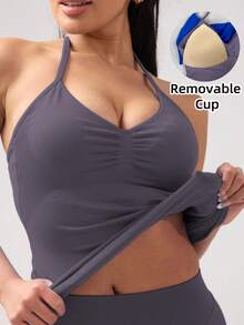 Áo tập yoga thể thao không tay dáng ngắn cho nữ, áo tank top co giãn thoáng khí dành cho tập luyện thể dục mùa hè - Bụi tím - Xem 14