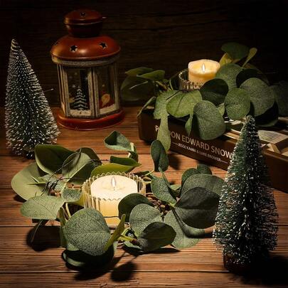 1pc Artificial Eucalyptus Leaf Wreath Candle Ring, Small Farmhouse Eucalyptus Green Wreath Candle Ring For Christmas, Valentine's Day, Thanksgiving, Mother's Day, Wedding, Cabinet, Dining Table Centerpiece Decor