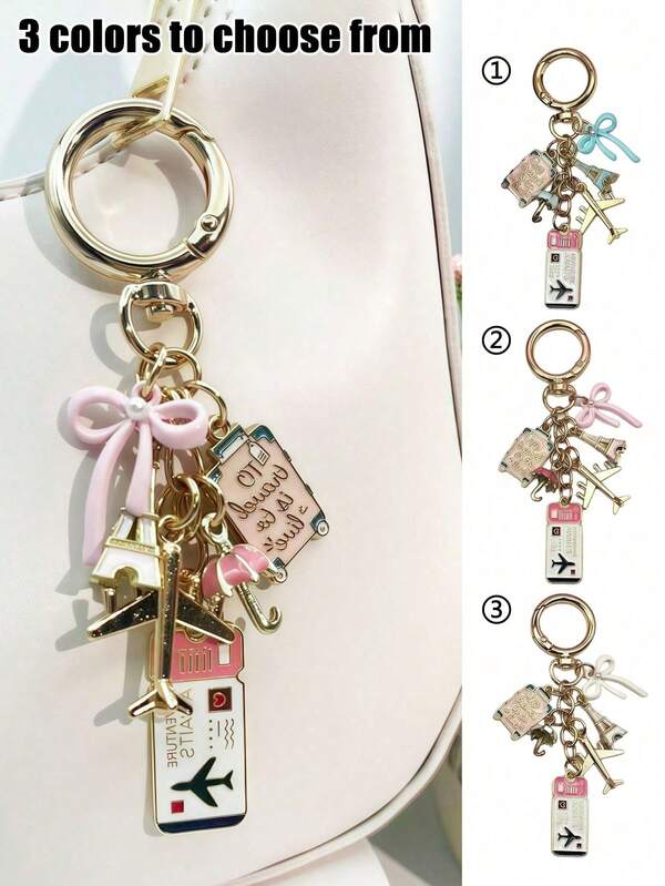 Llavero con tema de viaje con 3 opciones de color - Lindo adorno para bolso, accesorio de llavero de moda con encantos de avión, equipaje y boleto, llavero de esmalte duradero para decorar bolsos, mochilas, llaves y etiquetas de equipaje, ideal para entusiastas de los viajes