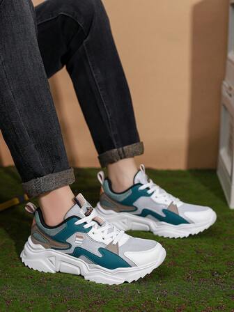 Men's Casual Shoes, Color Block Patchwork Blue Non-Slip Wear-Resistant Breathable Formal Outdoor Lace-Up Low-Top Men's Casual Sports Shoes, Formal Fashion Minimalist Style Leather Men's Sports Shoes, Running Shoes, Solid Color Spring/Autumn Low-Top Shoes, Tennis Shoes For Men