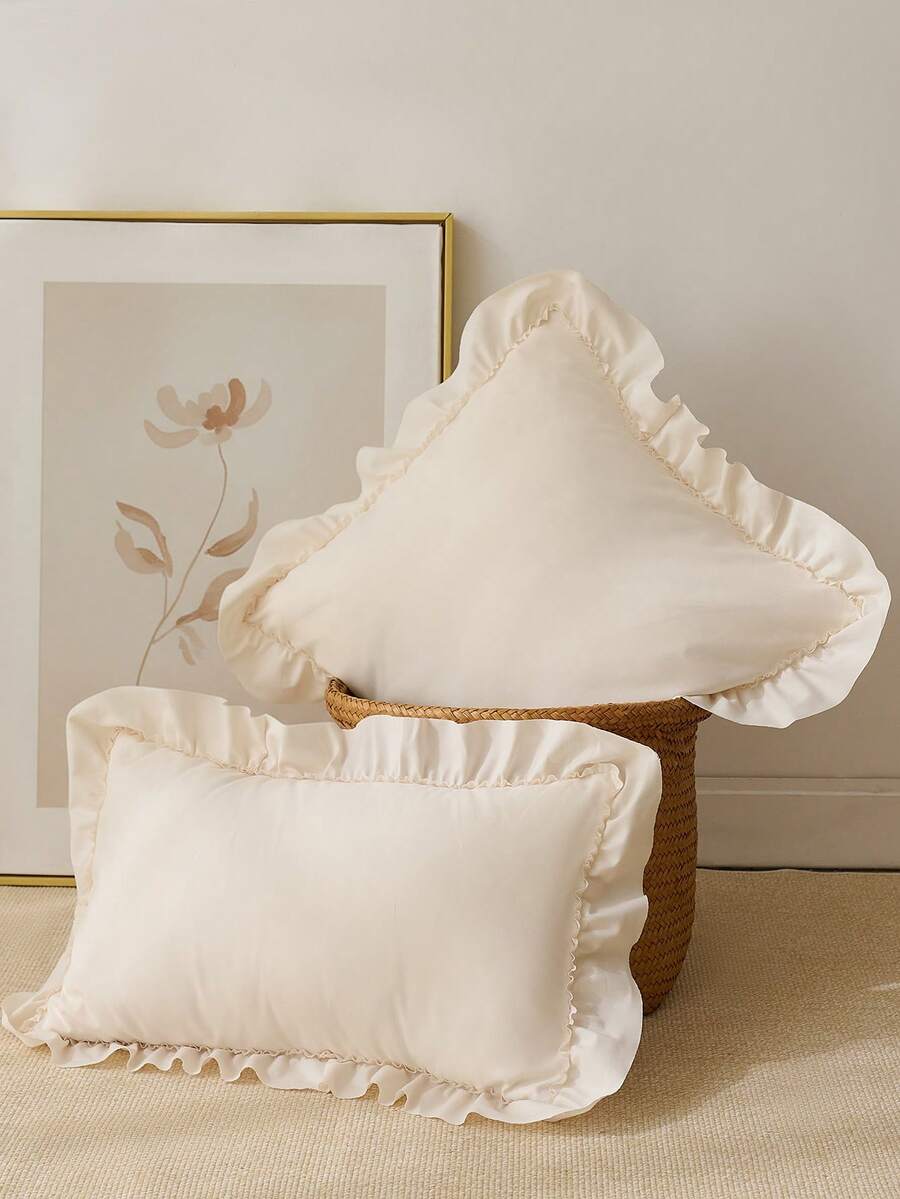 1pc Romantic French Style Ruffled Quilted Envelope Without Filler, Chic Romantic Decorative Throw Pillowcase For Bedroom/Dorm/Sofa/Couch, Gift For Lover, Friend. Machine Washable. Oeko-Tex Certified. Beige - Beige - View 1