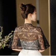 1pc Elegant White Lace Bridal Cape Shawl - Vintage Floral Lace Bolero Jacket, Wedding Dress Accessory, Sheer Lace Bridal Coverup, Short Sleeve Lace Cape, Delicate Details, Perfect For Bride's Wedding And Formal Events