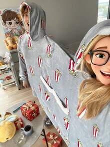 Couples Pajamas, Funny Couples Hooded Pajamas, Oversized Flannel Loungewear Hoodie With Pockets - Grey - View 2