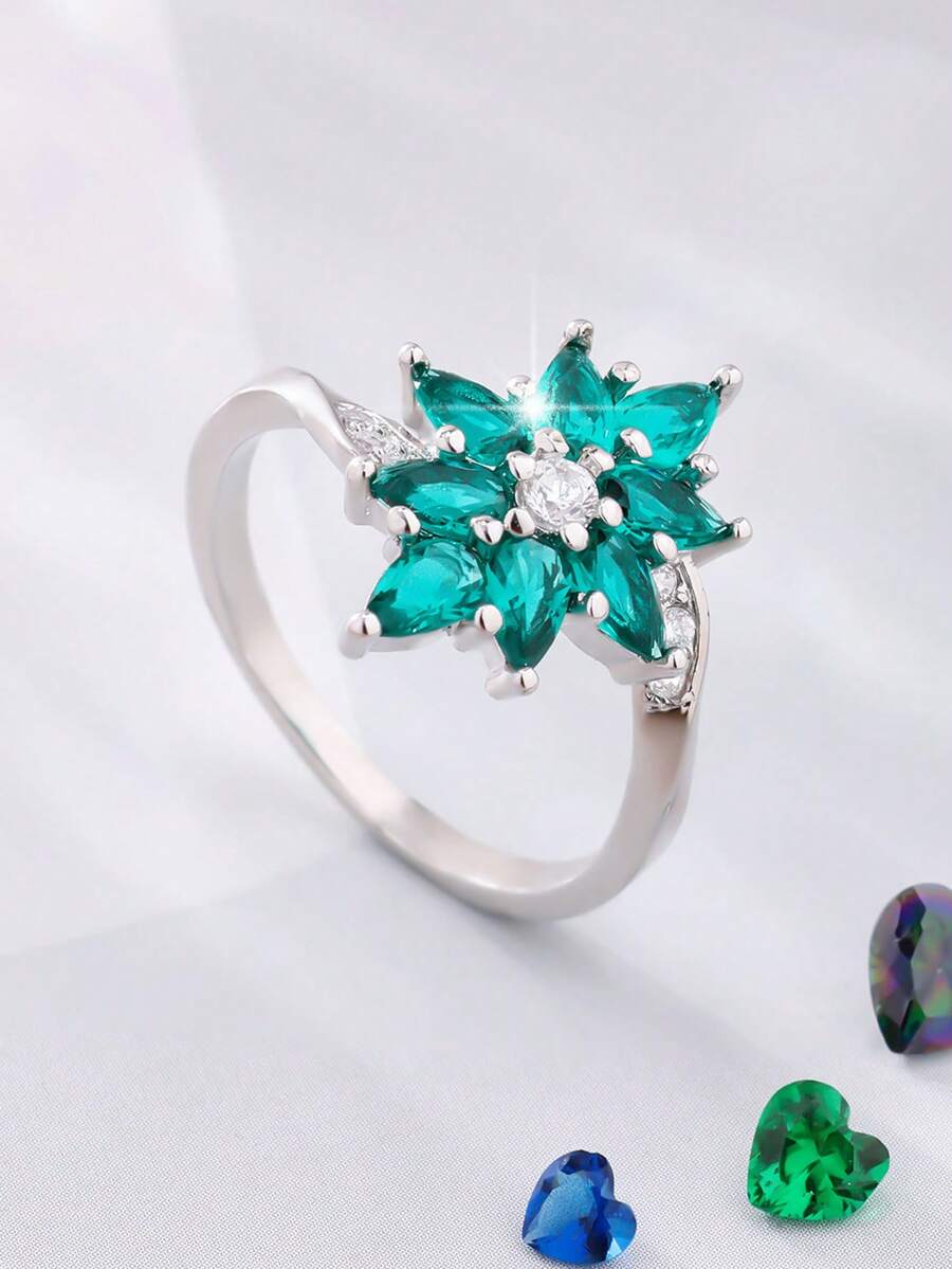 1pc Women's Fashion Elegant Delicate Flower Design Cubic Zirconia Ring, Suitable For Daily Wear, Gifts, Weddings, Valentine's Day, Anniversary, Christmas, New Year - Green - View 1