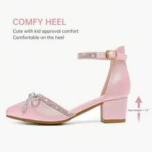 1 Pair Girls Sandals Closed Toe High Heels Pointed Toe Ankle Strap Pumps Flower Girl Dressy Shoes In Wedding Party Cute Bowknot Chunky Block Heeled For Little Big Kids - 緞子粉 - 查看 6