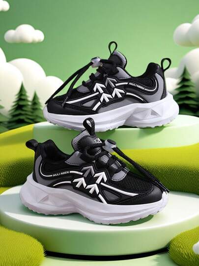 1 par de zapatos deportivos para niños de primavera/otoño, parte superior de cuero y malla de baja altura, transpirable y cómodo, suela amortiguadora y duradera, versátil y de moda, cierre ajustable, fácil de poner y quitar, diseño de color contrastante, adecuado para uso diario, escuela, estudiante, correr