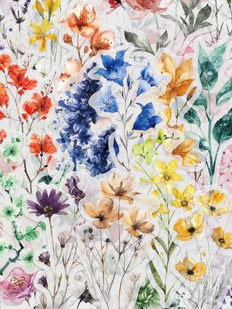 50 pièces, 50 styles, autocollants de fleurs à l'encre PET, autocollants transparents et imperméables de plantes DIY, convenant pour les cahiers, les journaux, les artisanats DIY, les guitares, les tasses d'eau, la décoration de cahiers