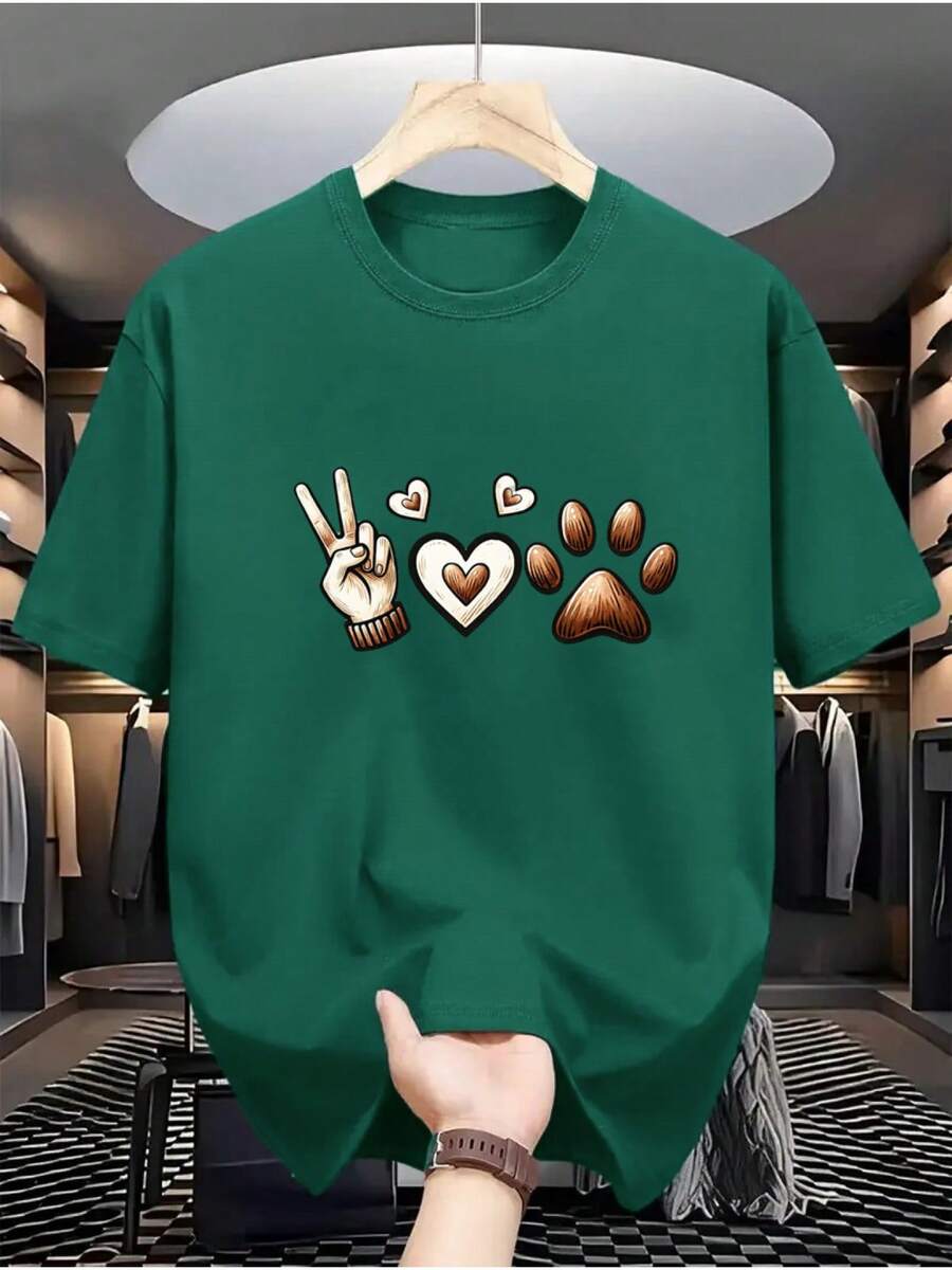 Camiseta Masculina 100% Algodão Premium Manga Curta Estampa Amor Pata Pet Cachorro Para Homem Presente Para Ele Estilosa Gola Redonda Lisa Moda Casual - Verde - Visão 1