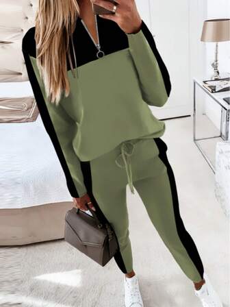 2pcs Set: Casual Color Block Long Sleeve Zip-Up T-Shirt And Pants
