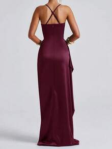 Onicee 夏季连衣裙，酒红色，时尚褶皱吊带开衩缎面派对礼服，优雅连衣裙，适合情人节、约会、聚会、派对、旅行、度假、海滩和其他场合。 - 酒紅色 - 查看 5