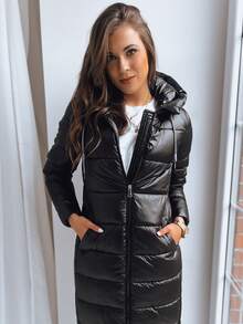 Jaqueta acolchoada feminina com capuz longo e zíper bidirecional, jaqueta leve de gola alta e corte reto, jaqueta casual feminina elegante, agasalho confortável feito de material de poliamida macio - Preto - Ver 3