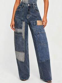 Magic Mia Women's Y2K Patchwork Jeans - High Waisted Baggy Fit With Vintage Wash & Cargo Pockets | Distressed Denim Pants For Streetwear, Casual Daily & Edgy Style - 藍色 - 查看 2