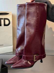 Fall/Winter Women's Elegant Slip-On Mid-Calf Boots, Minimalist Design, Versatile, Available In Red And Black, Stiletto Heel,Burgundy Heels - Anchor Red - View 1