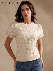 Aliao 优雅复古薄纱杏色短袖修身T恤，适合婚礼季、老钱风格、浪漫假日风格、夏季女士装、情人节、派对上衣、假日穿着 - 杏色 - 查看 4