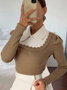 Livesso 法式彼得潘领叠穿上衣，二合一泡泡袖毛衣，女士秋冬款 - 駝色 - 查看 1