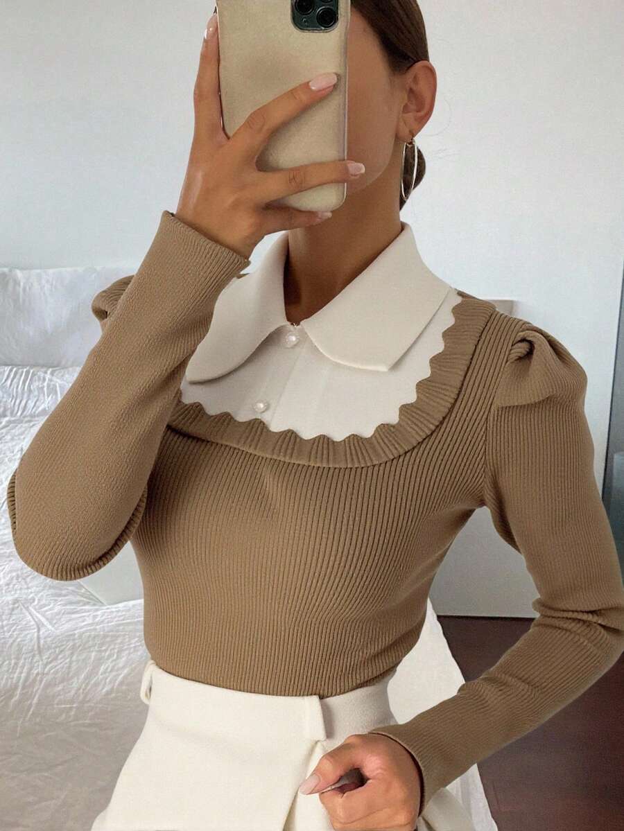 Livesso 法式彼得潘领叠穿上衣，二合一泡泡袖毛衣，女士秋冬款 - 駝色 - 查看 1