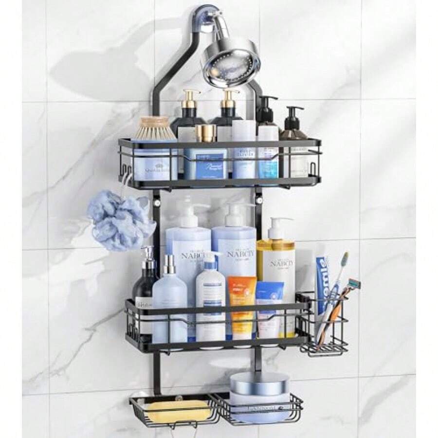Shower Caddy Organizer Hanging Adjustable Stainless Steel No Drilling NonSlip Bathroom Caddy Organizer Storage Shelves For Inside Bath Over Shower Head Rack Holder Black - 黑色 - 查看 1